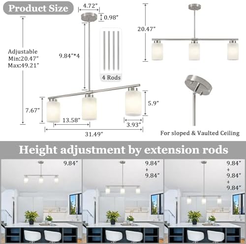 3-Light Kitchen Island Lighting Brushed Nickel Dining Room Light Fixture with Milk Glass Shade 31" Modern Linear product image 1