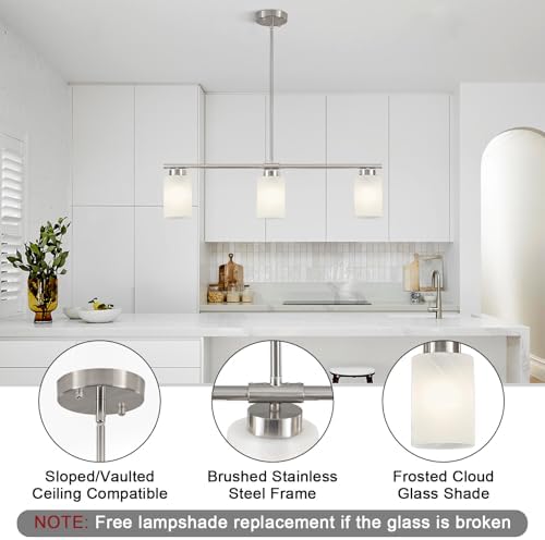 3-Light Kitchen Island Lighting Brushed Nickel Dining Room Light Fixture with Milk Glass Shade 31" Modern Linear product image 3