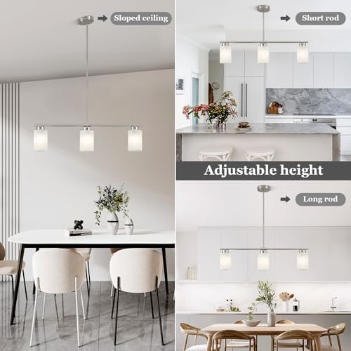 3-Light Kitchen Island Lighting Brushed Nickel Dining Room Light Fixture with Milk Glass Shade 31" Modern Linear product image 5