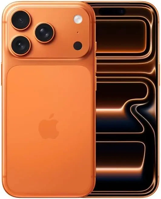 Apple iPhone 17 Pro in Cosmic Orange, front and rear view