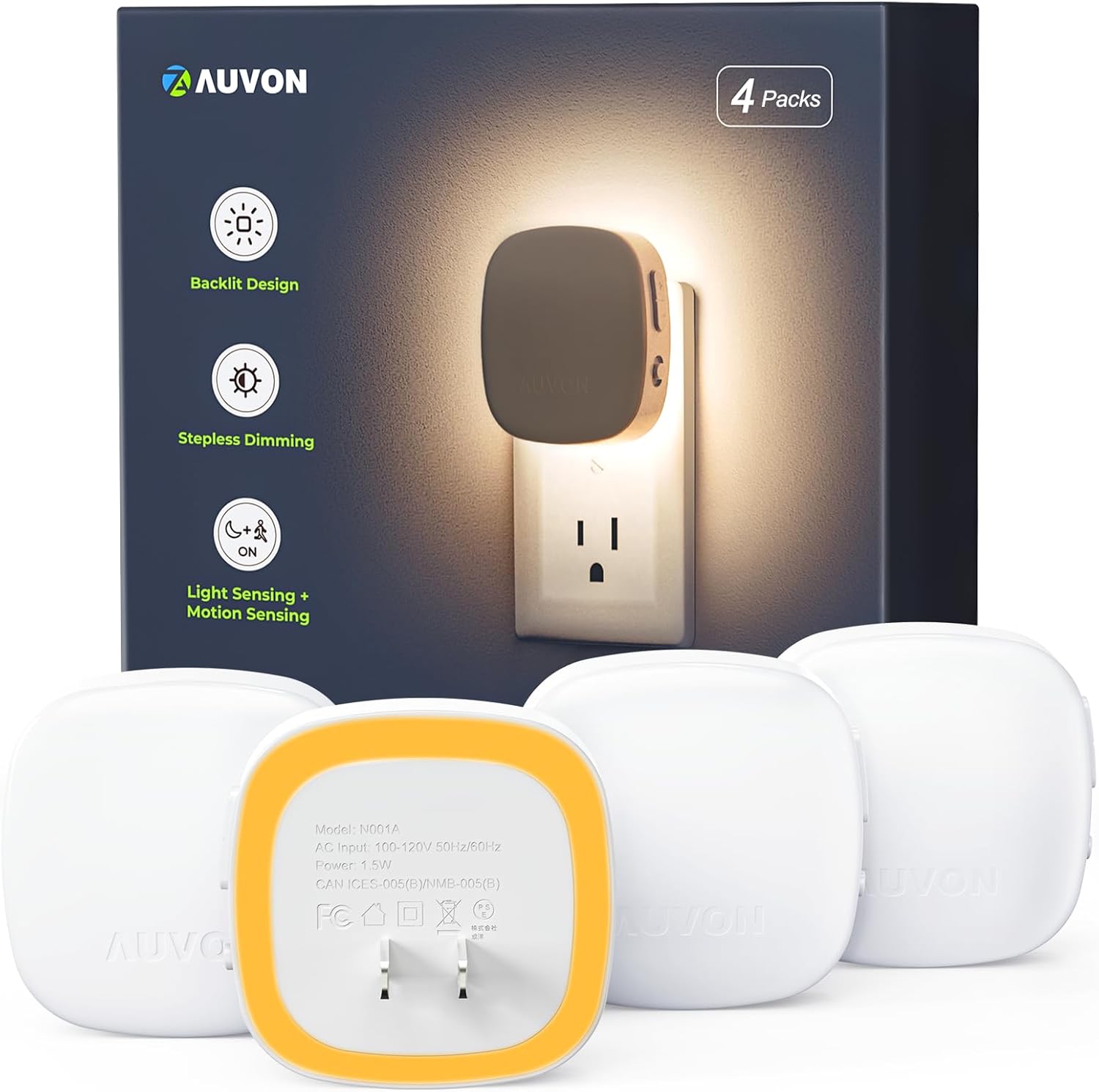 AUVON Plug-in LED Backlit Night Light with Motion Sensor & Dusk to Dawn Sensor | 50LM | White product image 1
