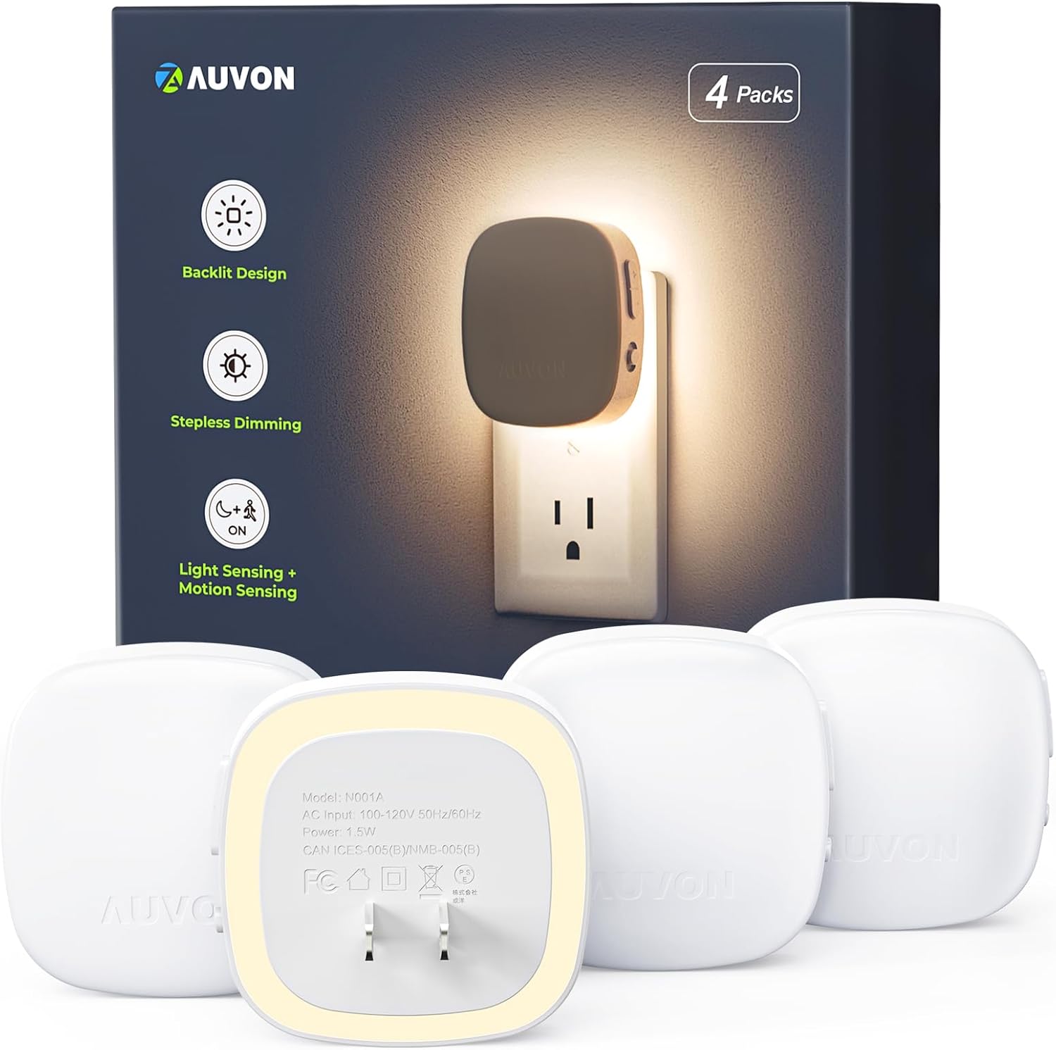 AUVON Plug-in LED Backlit Night Light with Motion Sensor & Dusk to Dawn Sensor | 50LM | White product image 2