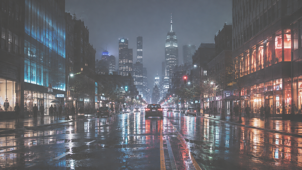 Rainy night city scene shown on a standard LED television