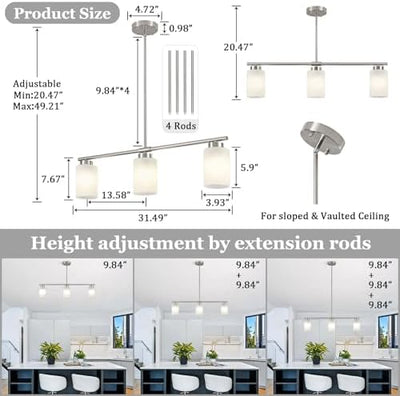 3-Light Kitchen Island Lighting Brushed Nickel Dining Room Light Fixture with Milk Glass Shade 31" Modern Linear product image 1