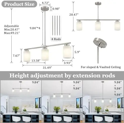 Brushed nickel three-light kitchen island pendant, product view 1