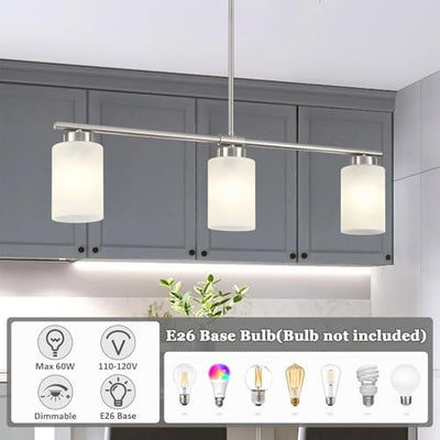3-Light Kitchen Island Lighting Brushed Nickel Dining Room Light Fixture with Milk Glass Shade 31" Modern Linear product image 4