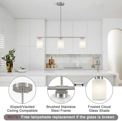 3-Light Kitchen Island Lighting Brushed Nickel Dining Room Light Fixture with Milk Glass Shade 31" Modern Linear product image 3