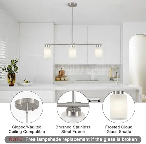 Brushed nickel three-light kitchen island pendant, product view 3