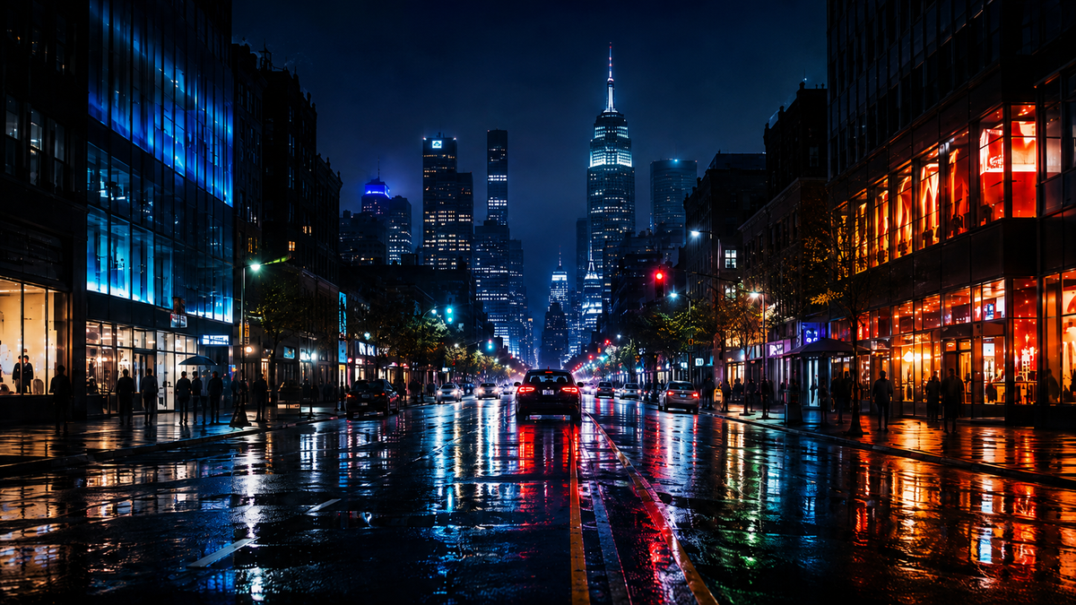 Rainy night city scene shown on a Mini LED television