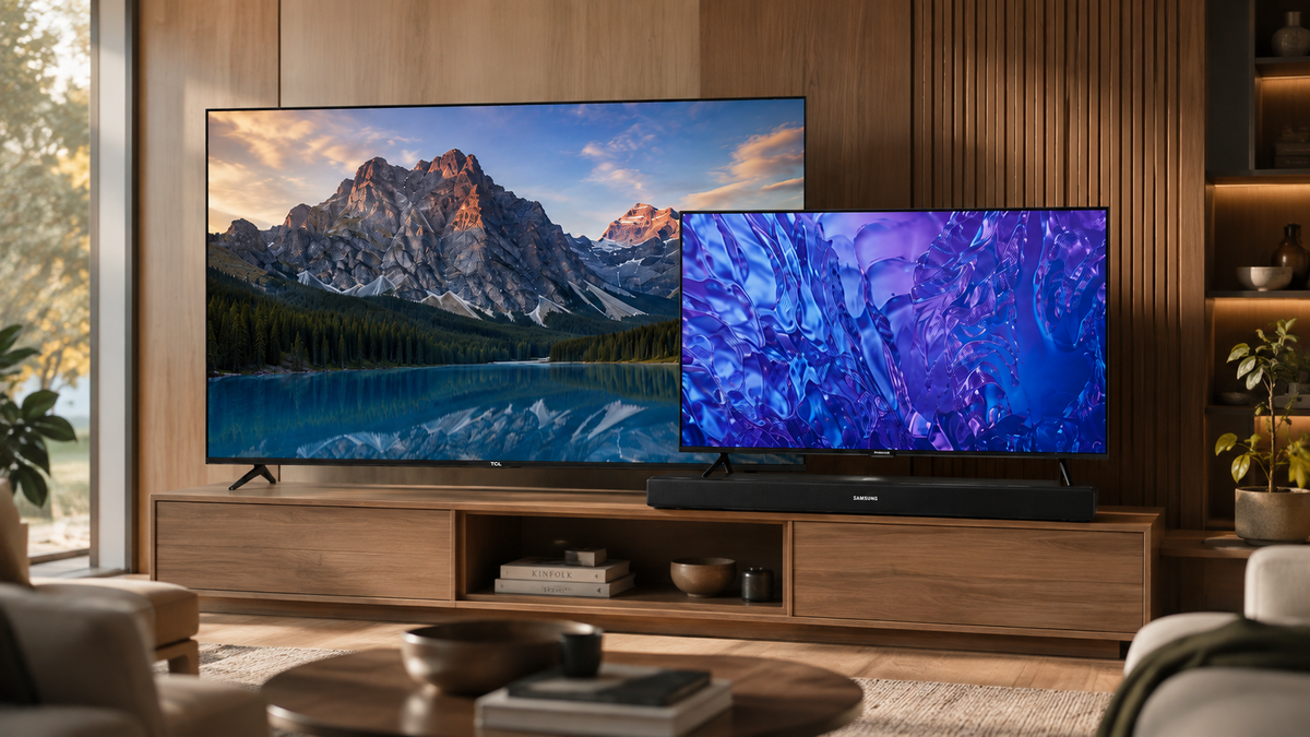 Modern living room with two large televisions and a soundbar