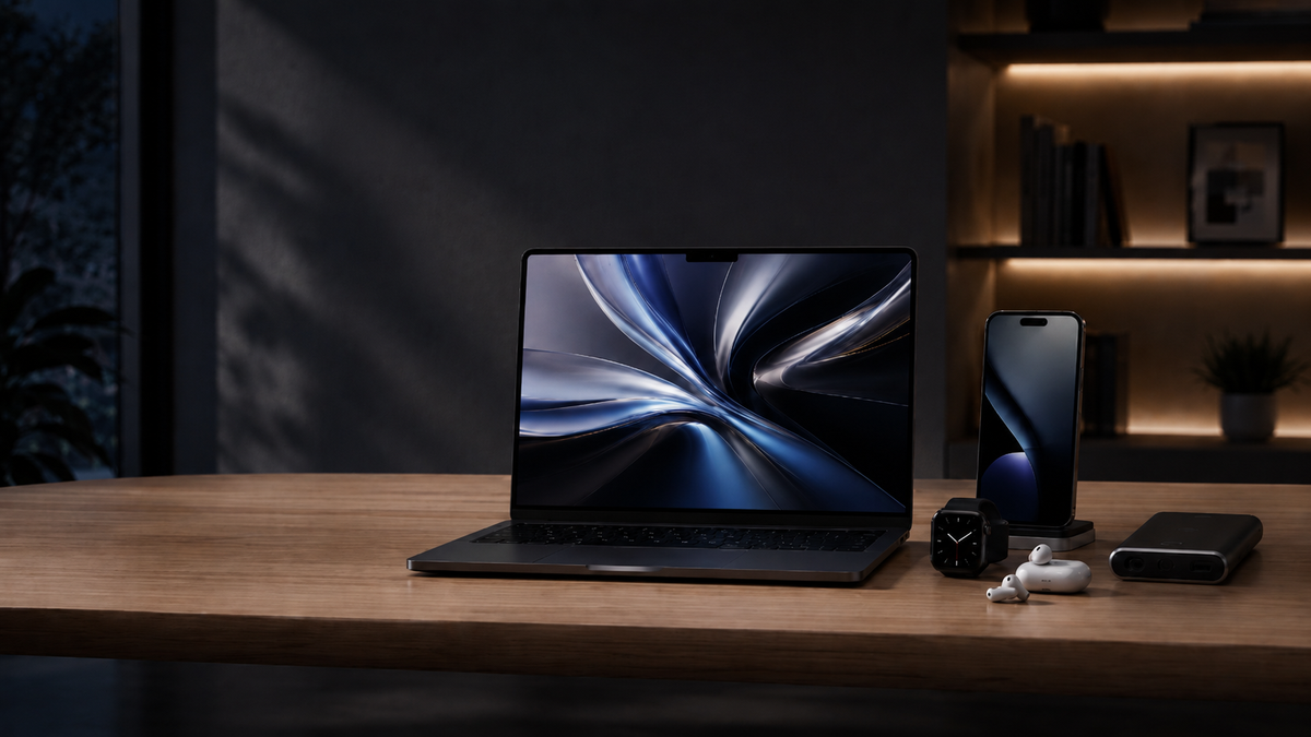 Modern workspace with laptop, smartphone, smartwatch and audio accessories